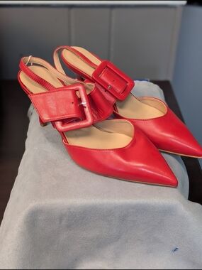 Red Pointed Leather Slingback Heels with Oversized Buckle